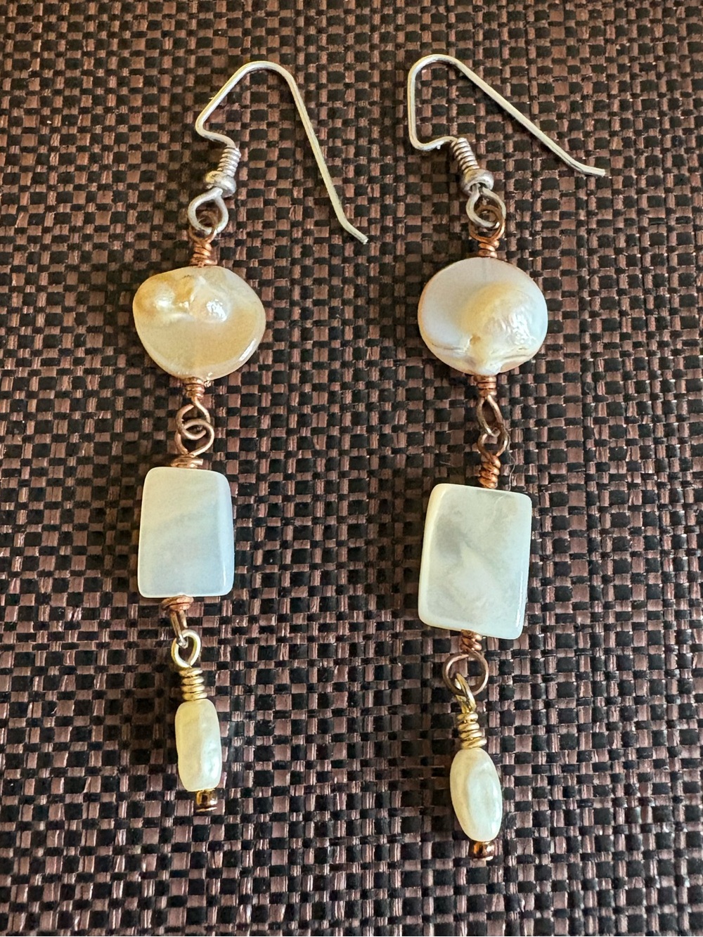 Handmade Mixed Metal Champagne Cream Colored Freshwater Pearl Drop Earrings